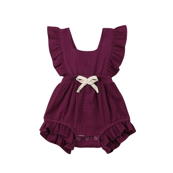 Baby Solid Color Sleeveless Ruffled Jumpsuit Back Strap Romper, Size:90cm(Wine Red)