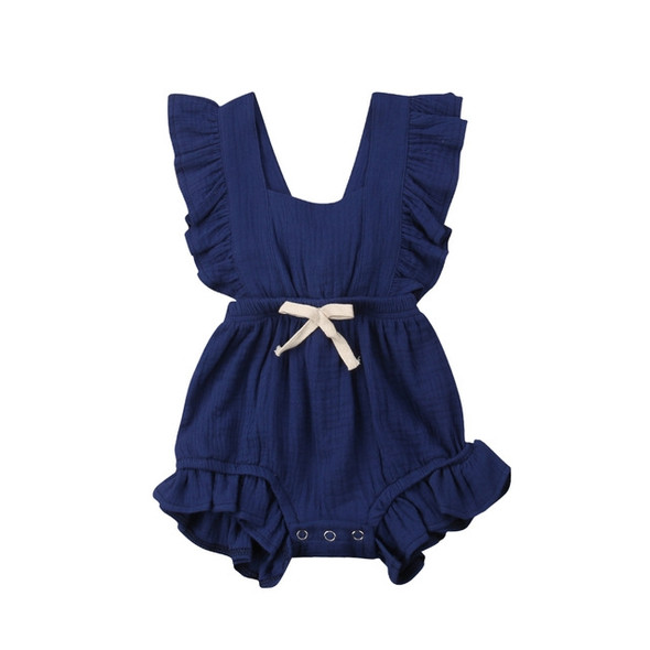 Baby Solid Color Sleeveless Ruffled Jumpsuit Back Strap Romper, Size:80cm(Navy Blue)