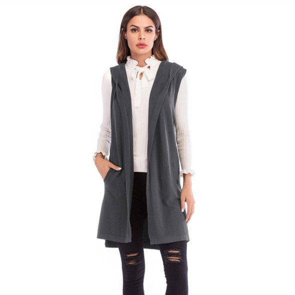 Solid Color Sleeveless Vest Knit Cardigan Long Hoodie Sweater (Color:Grey Size:M)