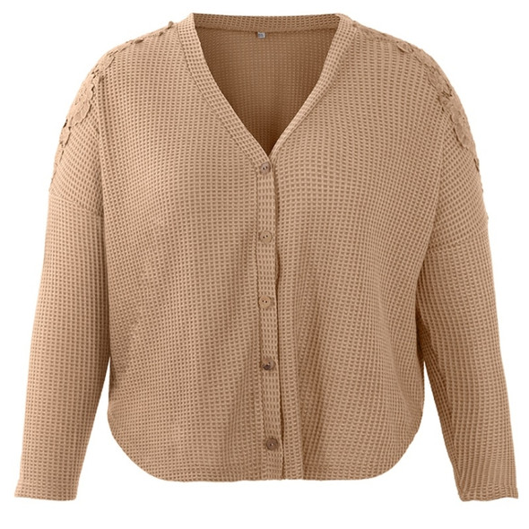 Women Knit Long Sleeve Sweater (Color:Khaki Size:XXL)