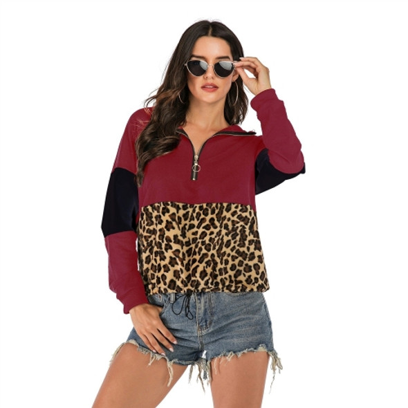 Leopard Stitching Fashion Loose Women Hooded Sweatershirt (Color:Red Size:L)