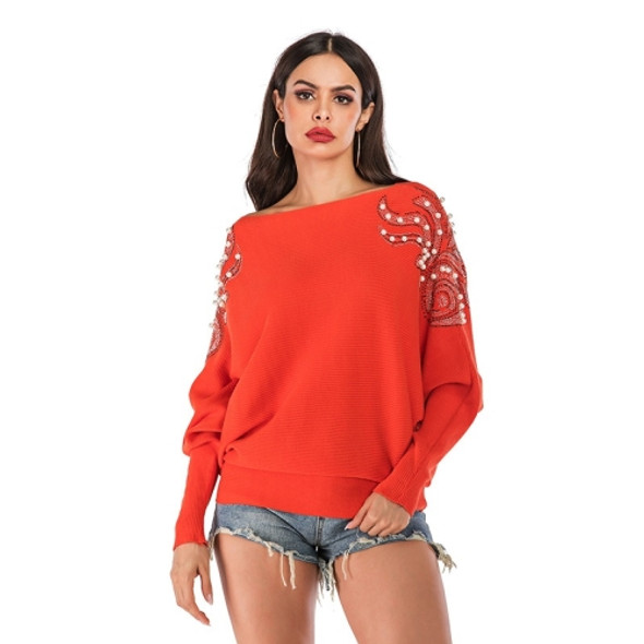 Loose Pure Color Beaded Knit Sweater Coat (Color:Orange Size:XL)