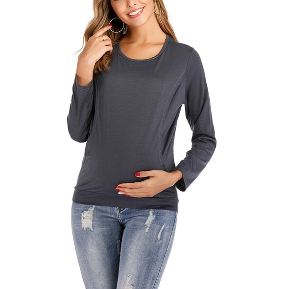 Round Neck Long Sleeve Nursing Maternity Long Sleeve Blouse (Color:Grey Size:M)