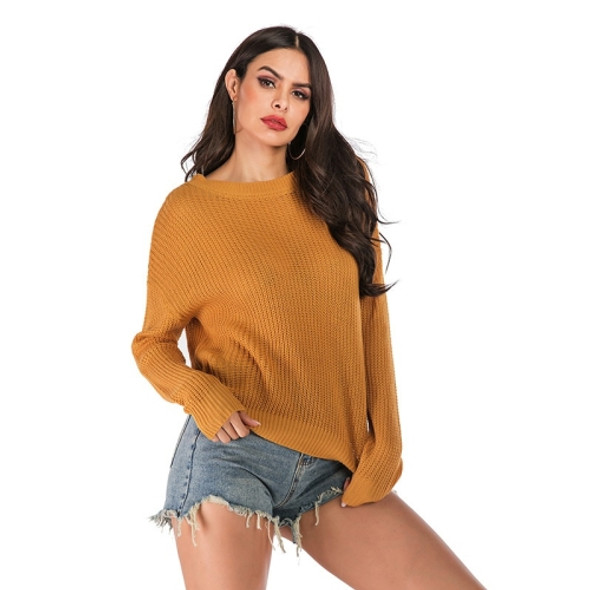 Solid Color Round Neck Long Sleeve Loose Knitted Sweater (Color:Yellow Size:XL)