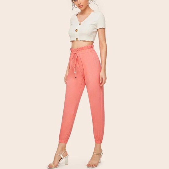 Drawstring Elastic Waist And Ruffles Tie Belt Pants Feet (Color:Pink Size:M)