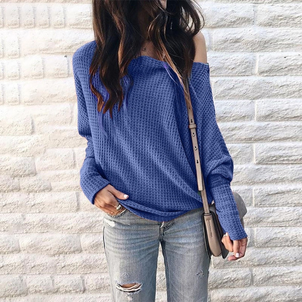 Long Sleeve Loose Printed One-shoulder Knit Shirt (Color:Blue Size:XXXL)