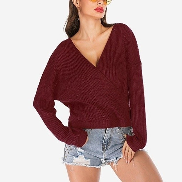 Wrap-length Knit Long Sleeve Sweater (Color:Wine Red Size:XL)