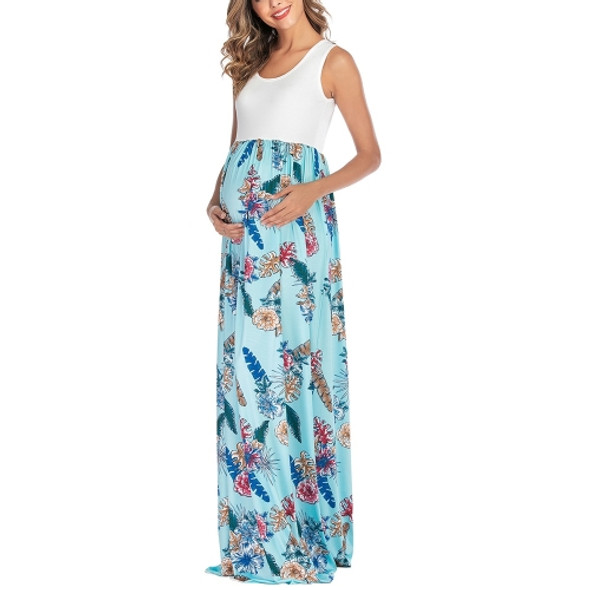 Sleeveless Printed Patchwork Maternity Dress (Color:Blue Size:XL)