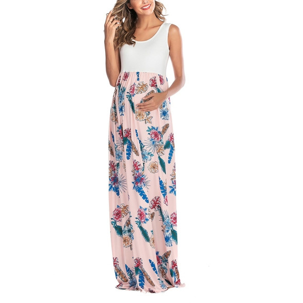 Sleeveless Printed Patchwork Maternity Dress (Color:Pink Size:XXL)