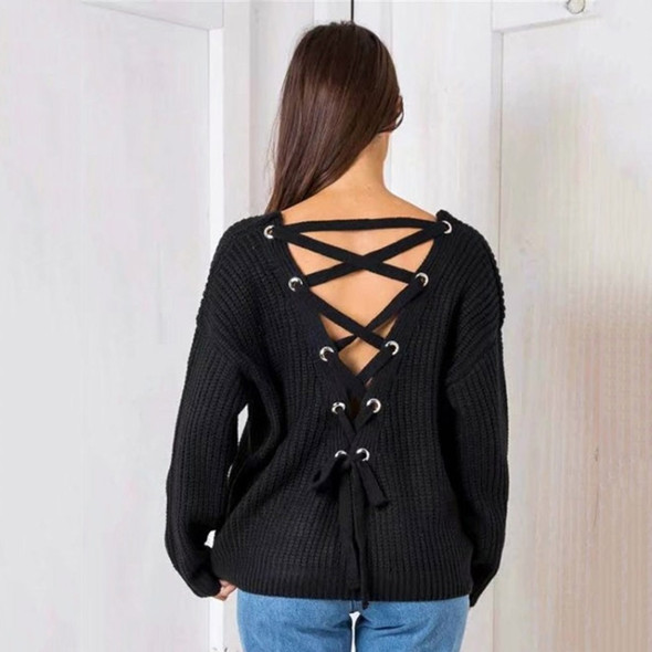 Hollow Halter Straps Loose V-neck Long-sleeved Pullover Jacket (Color:Black Size:XL)