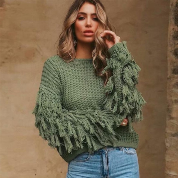Sexy Tassel Loose Long-sleeved Knit Pullover Sweater (Color:Green Size:M)