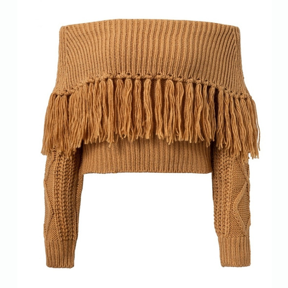 Word Shoulder Tassel Sexy Strapless Sweater (Color:Brown Size:M)