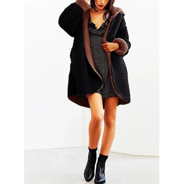 Double-Faced Plush Two-Piece Long Hooded Jacket (Color:Black Size:S)