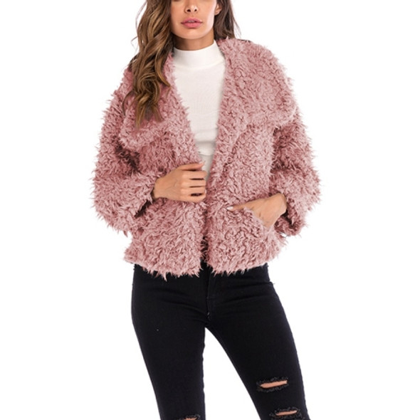 Lapel Long-sleeved Plush Coat (Color:Pink Size:L)