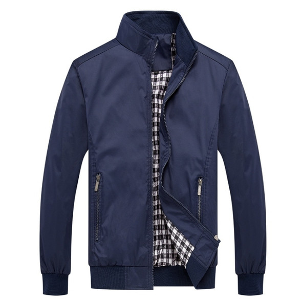 Men Solid Color Collage Long Sleeve Stand Collar Jacket (Color:Dark Blue Size:5XL)
