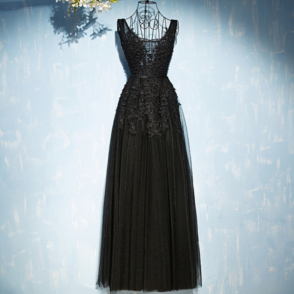 Sexy V-neck Evening Dress Robe Tulle Applique Evening Dresses, Size:XXL (Black)