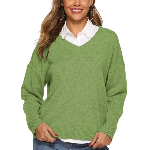 Solid Color Simple V-neck Sweater (Color:Green Size:XXL)