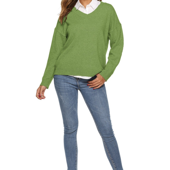 Solid Color Simple V-neck Sweater (Color:Green Size:XXL)