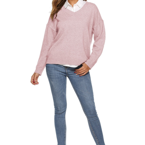 Solid Color Simple V-neck Sweater (Color:Pink Size:M)