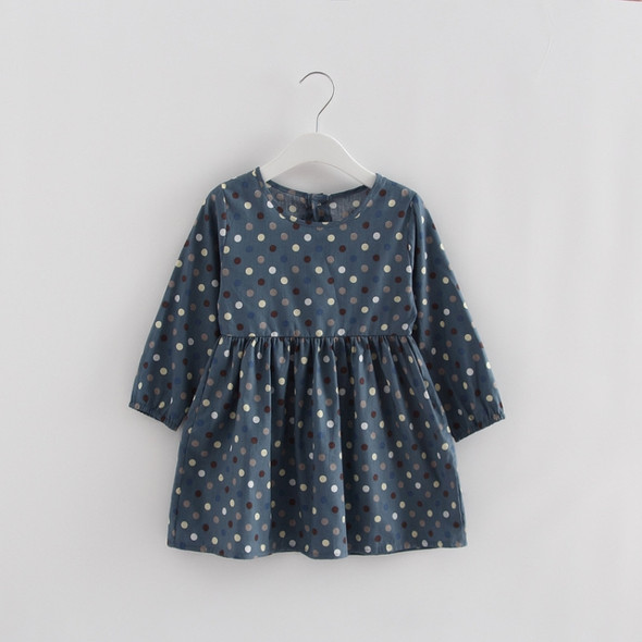 Girls Long Sleeve Round Neck Print Dress(Navy Wave Dots)