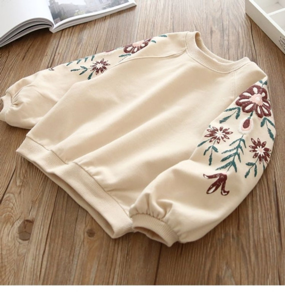 Spring and Autumn Baby Round Neck Embroidered Long Sleeve Top Sweatshirt, Height:100cm(Apricot)