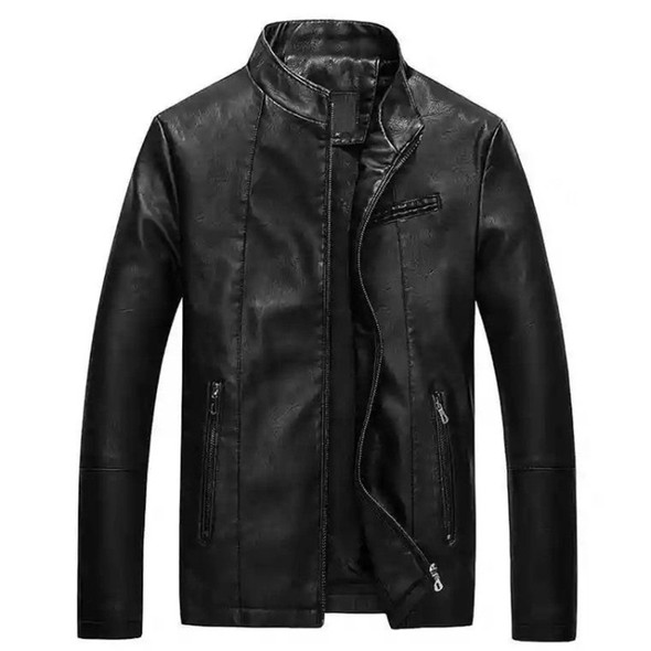 Men Slim-fit Washed PU Leather Jacket (Color:Black Size:XXL)