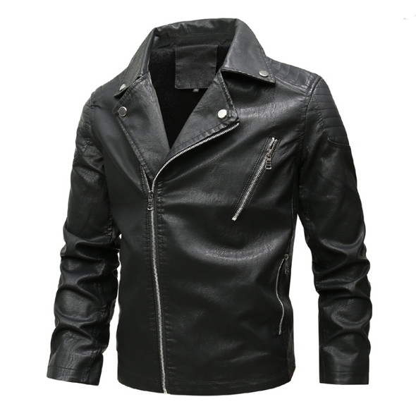 Fashion Lapel Plus Velvet Motorcycle Leather Coat (Color:Black Size:L)