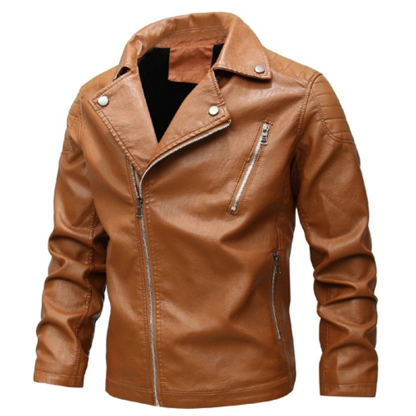 Fashion Lapel Plus Velvet Motorcycle Leather Coat (Color:Khaki Size:XXXXXXL)