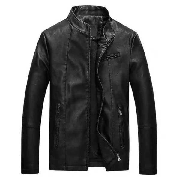 Men Slim-fit Washed PU Leather Jacket (Color:Black Size:M)