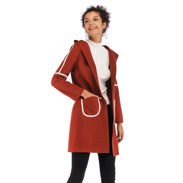 Double Pocket Long Hooded Warm Thick Woolen Coat for Women (Color:Brown Size:L)