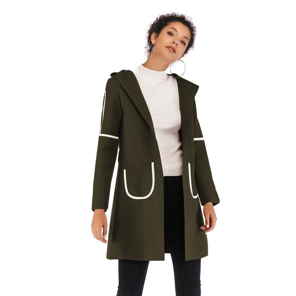Double Pocket Long Hooded Warm Thick Woolen Coat for Women (Color:Army Green Size:M)