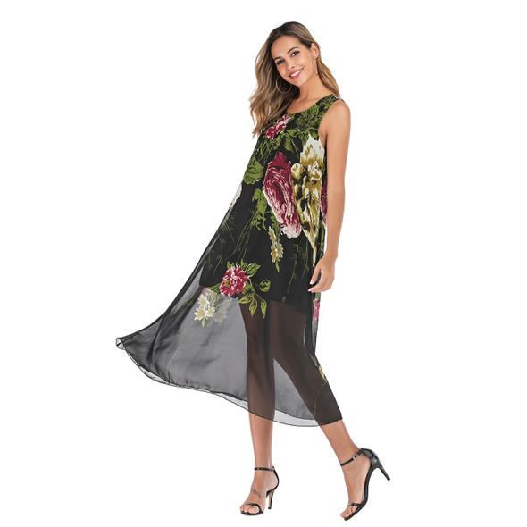 Chiffon Floral Sling Skirt Summer Loose Print Dress Women (Color:Photo Color Size:XL)