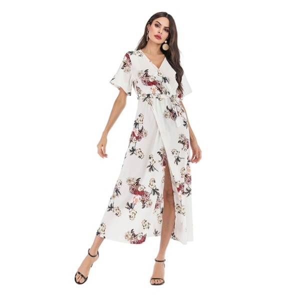 Chiffon Long Skirt Women Summer And Summer Color Casual Printing Waist Swing Dress (Color:White Size:M)