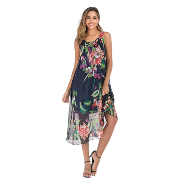 Loose Print Dress Women Summer Plus Size Chiffon Floral Suspender Skirt (Color:Photo Color Size:M)