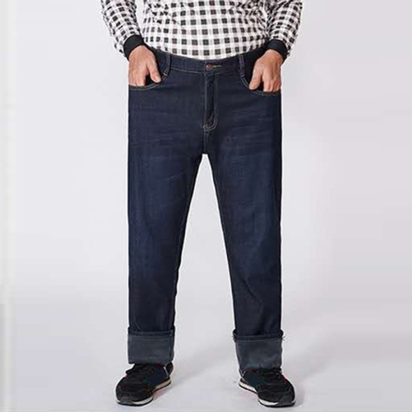 Casual Loose Straight Stretch-Fleece Jean Pants (Color:Dark Blue Size:50)