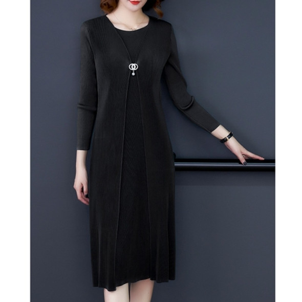 Plus Size Women Pleated Loose Round Neck Dress + Long Sweater (Color:Dark Gray Size:One Size)