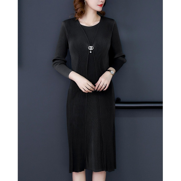 Plus Size Women Pleated Loose Round Neck Dress + Long Sweater (Color:Dark Gray Size:One Size)