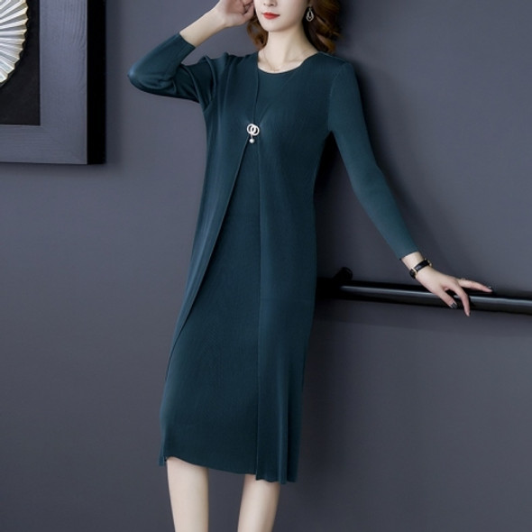 Plus Size Women Pleated Loose Round Neck Dress + Long Sweater (Color:Dark Green Size:One Size)