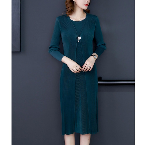 Plus Size Women Pleated Loose Round Neck Dress + Long Sweater (Color:Dark Green Size:One Size)