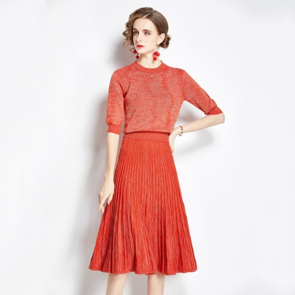 Early Autumn Bright Silk Knitted Simple Temperament Suit + Fashion Pleated Skirt Two-piece Suit (Color:Red Size:Freesize)