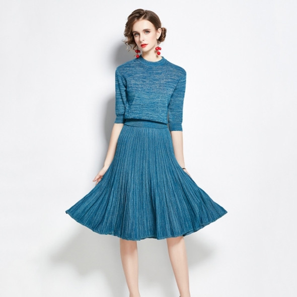 Early Autumn Bright Silk Knitted Simple Temperament Suit + Fashion Pleated Skirt Two-piece Suit (Color:Peacock Blue Size:Freesize)