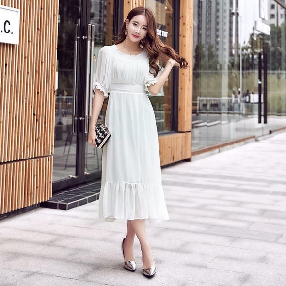 Temperament Sweet Word Collar Slim Slimming Long Skirt Chiffon Dress Travel Vacation Beach Skirt (Color:White Size:M)