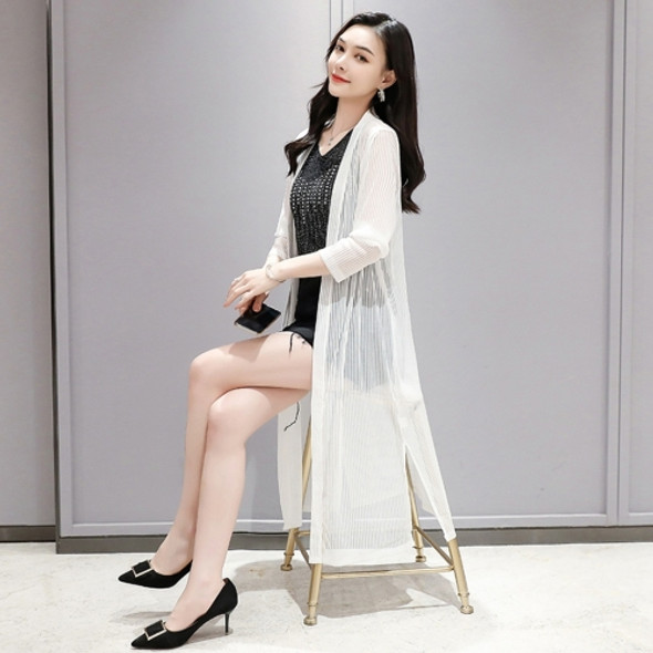 Long Knee-length Sunscreen Cardigan Shawl Slim Mesh Lace Shirt (Color:White Size:XXL)