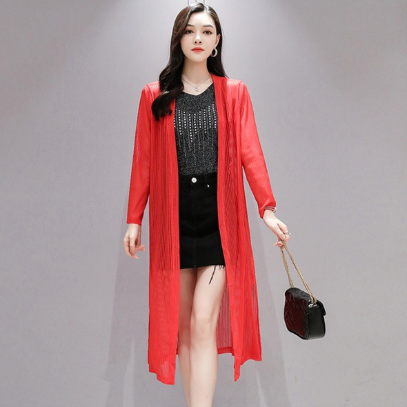 Long Knee-length Sunscreen Cardigan Shawl Slim Mesh Lace Shirt (Color:Red Size:XXXL)