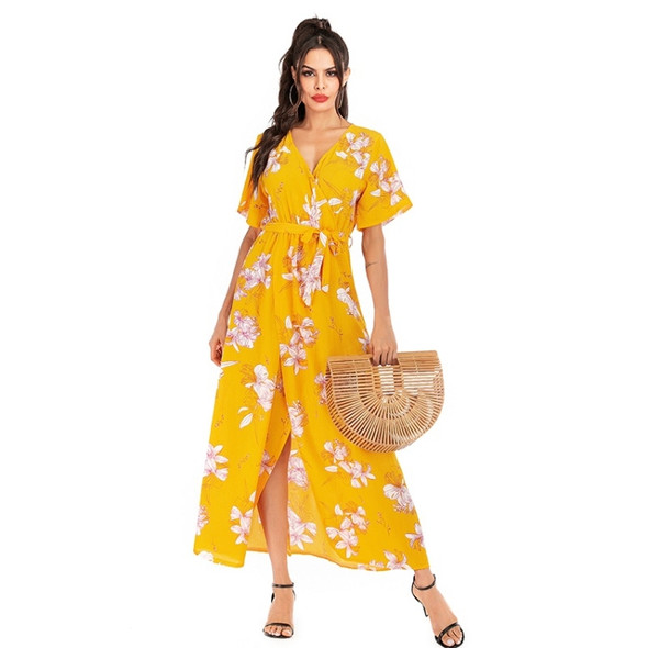 Women Dress V-neck Summer Chiffon New European And American Floral Skirt (Color:Yellow Size:L)