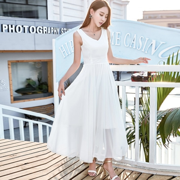 Sexy Elegant High Waist V-neck White Swing Long Ski Resort Beach Skirt (Color:White Size:L)