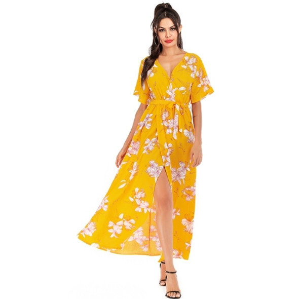 Women Dress V-neck Summer Chiffon New European And American Floral Skirt (Color:Yellow Size:XL)