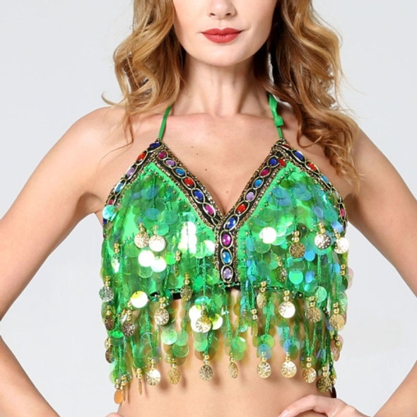 Women Sequins Short Sling Performance Dance Cloth (Color:Green Size:One Size)