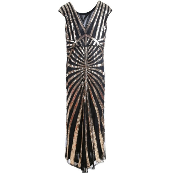 Women Beaded Long Fishtail Dress (Black Gold_XL)