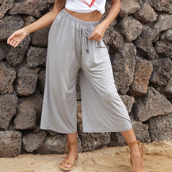 Solid Color Casual Lace Up High Waist Wide Leg Pants (Color:Light Grey Size:Free Size)
